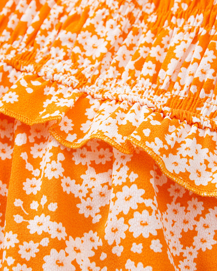 Orange Floral Print Smocked V Neck Bell Sleeve Maxi Dress