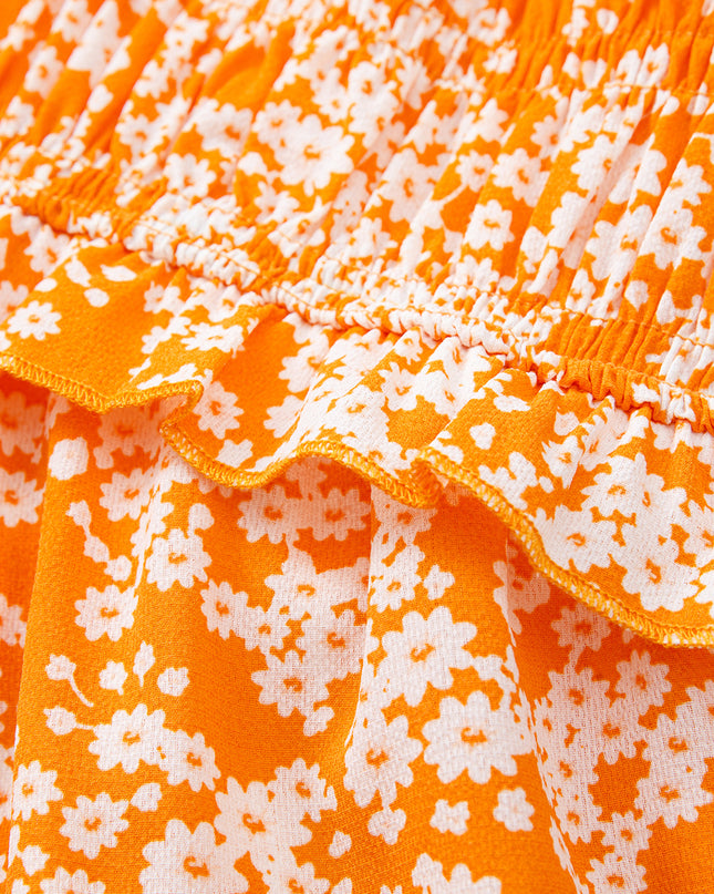 Orange Floral Print Smocked V Neck Bell Sleeve Maxi Dress