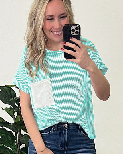 Dark Blue Corded Knit Color Block Pocketed Crew Neck T Shirt