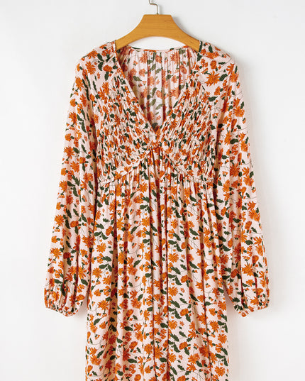Beige Floral Smocked V Neck Bubble Sleeve Babydoll Dress