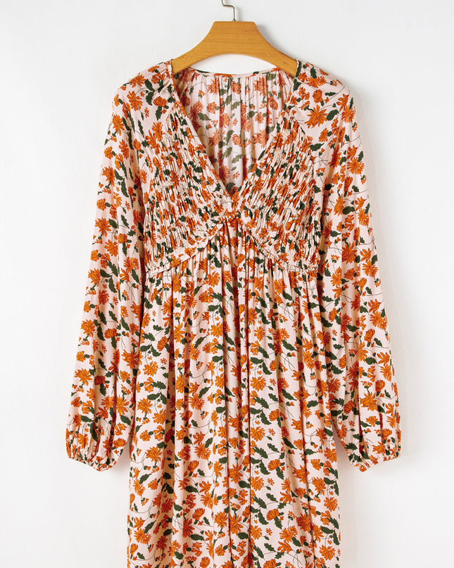 Beige Floral Smocked V Neck Bubble Sleeve Babydoll Dress
