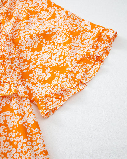 Orange Floral Print Smocked V Neck Bell Sleeve Maxi Dress