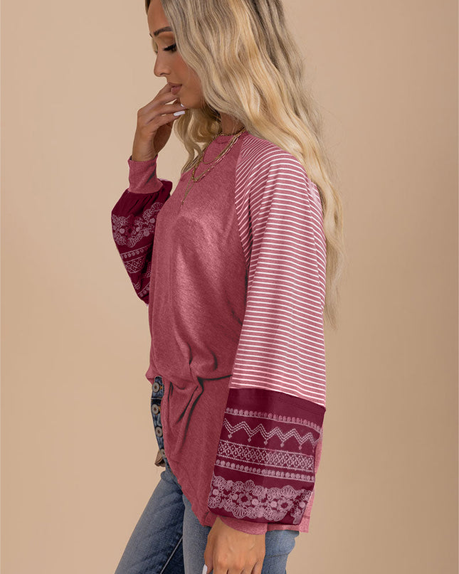 Rose Red Contrast Print Striped Raglan Long Sleeve Loose Top