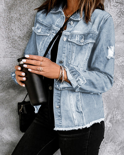 Light Blue Distressed Ripped Raw Hem Buttons Denim Jacket
