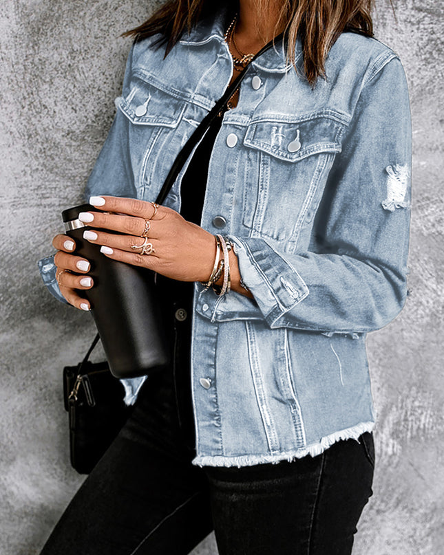Light Blue Distressed Ripped Raw Hem Buttons Denim Jacket