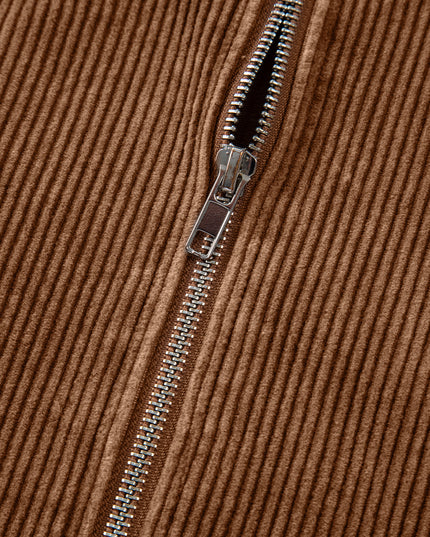 Chestnut Half Zipper Kangaroo Pocket Drawstring Corduroy Hoodie