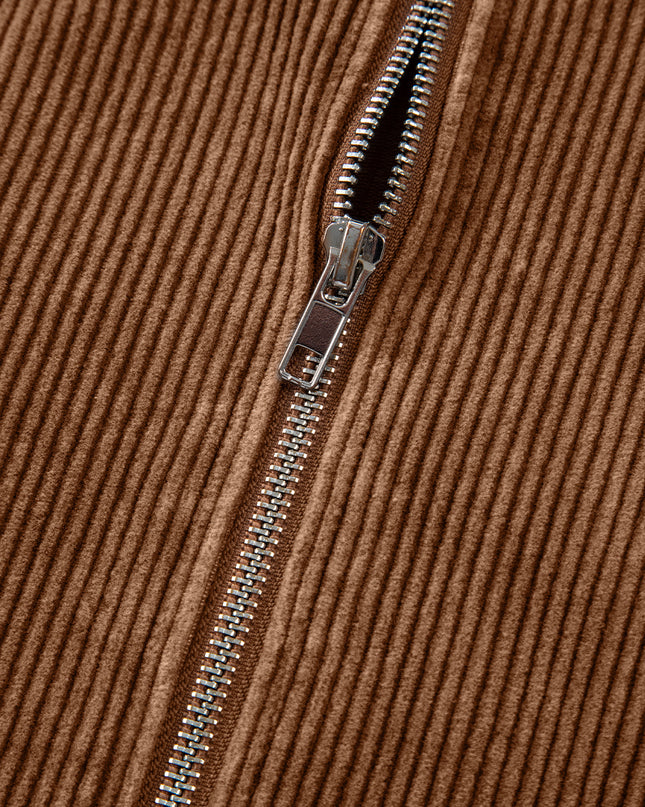 Chestnut Half Zipper Kangaroo Pocket Drawstring Corduroy Hoodie