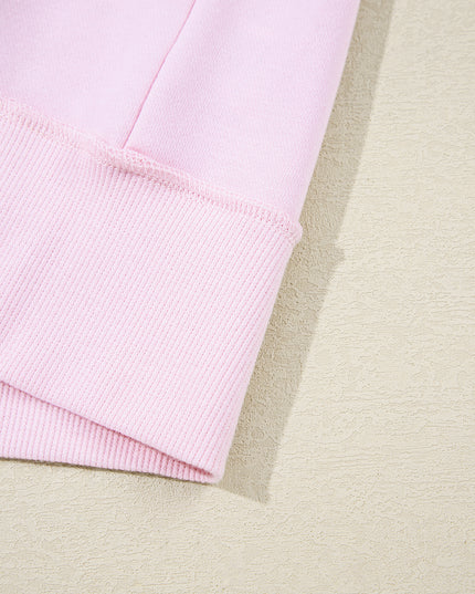 Pink Striped Patchwork Button V Neck Pullover Sweatshirt