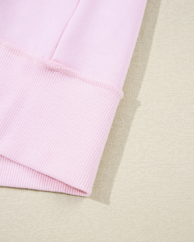 Pink Striped Patchwork Button V Neck Pullover Sweatshirt