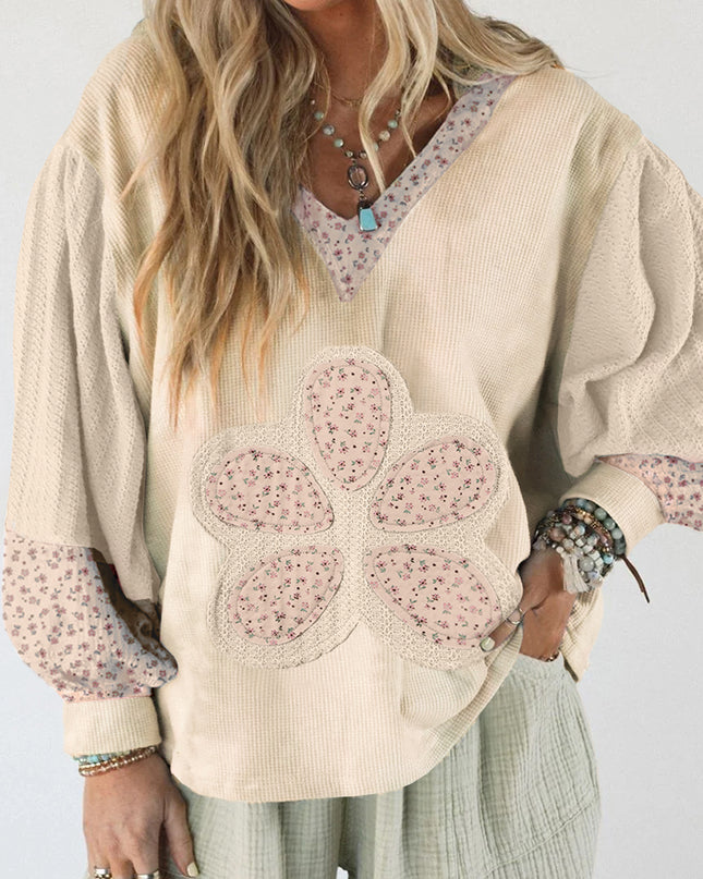 Beige Floral Textured Colorblock Patchwork Bishop Sleeve Hooded Top