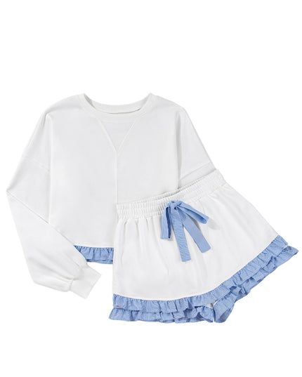 White Striped Ruffle Hem Long Sleeve Pullover and Shorts Set