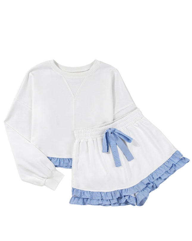 White Striped Ruffle Hem Long Sleeve Pullover and Shorts Set