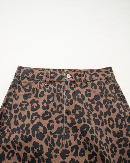 Brown Leopard Frayed Split Denim Midi Skirt