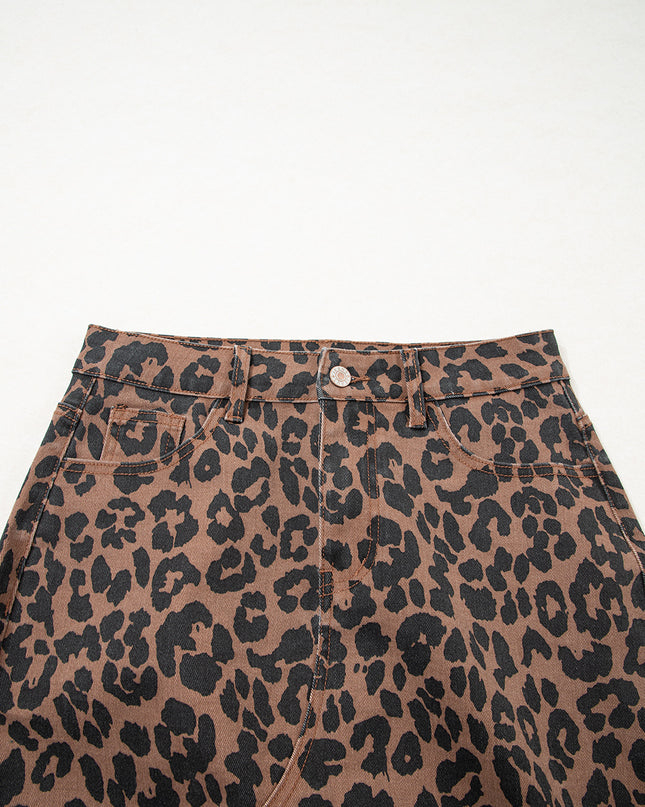 Brown Leopard Frayed Split Denim Midi Skirt