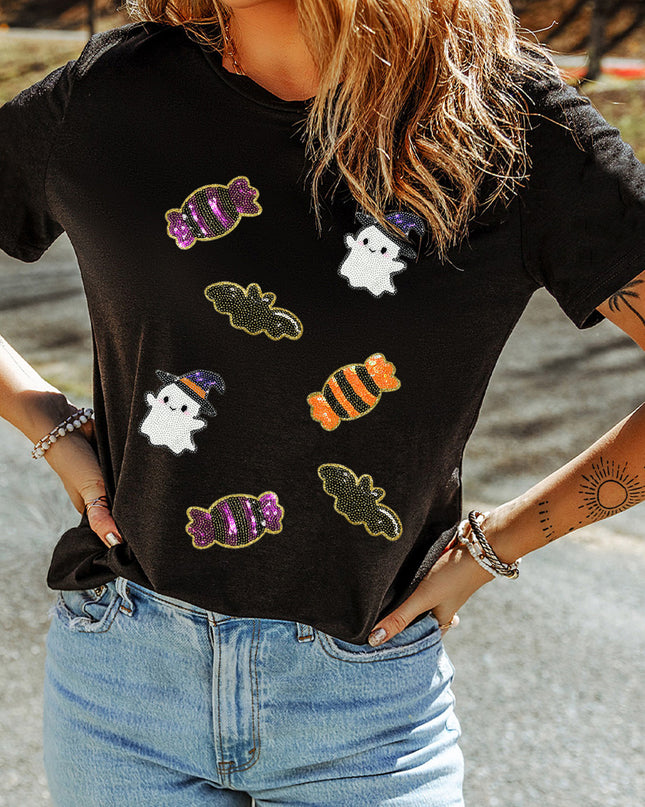 Black Sequined Halloween Spirit Pattern Patched Custom Casual Tee