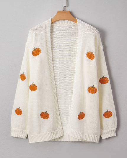 White Pumpkin Print Open Front Drop Shoulder Knit Cardigan