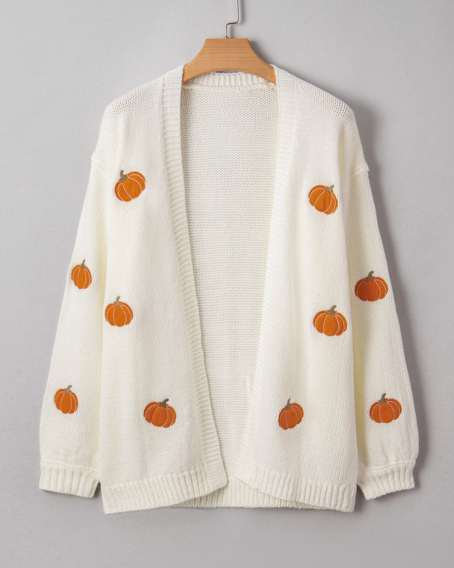 White Pumpkin Print Open Front Drop Shoulder Knit Cardigan