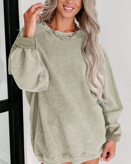 Green Ribbed Round Neck Drop Sleeve Pullover Sweatshirt