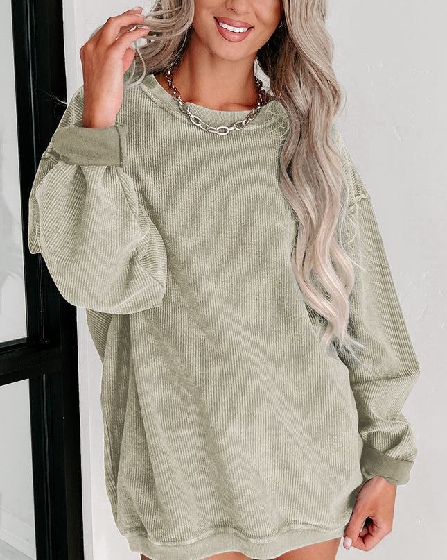 Green Ribbed Round Neck Drop Sleeve Pullover Sweatshirt