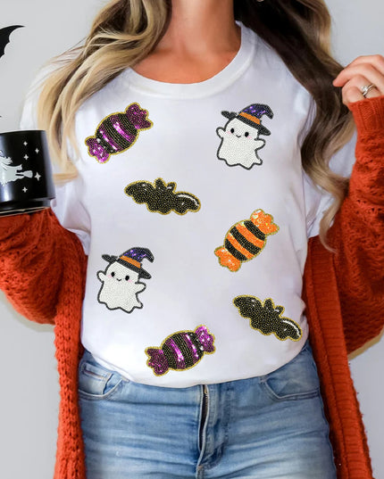 Black Sequined Halloween Spirit Pattern Patched Custom Casual Tee
