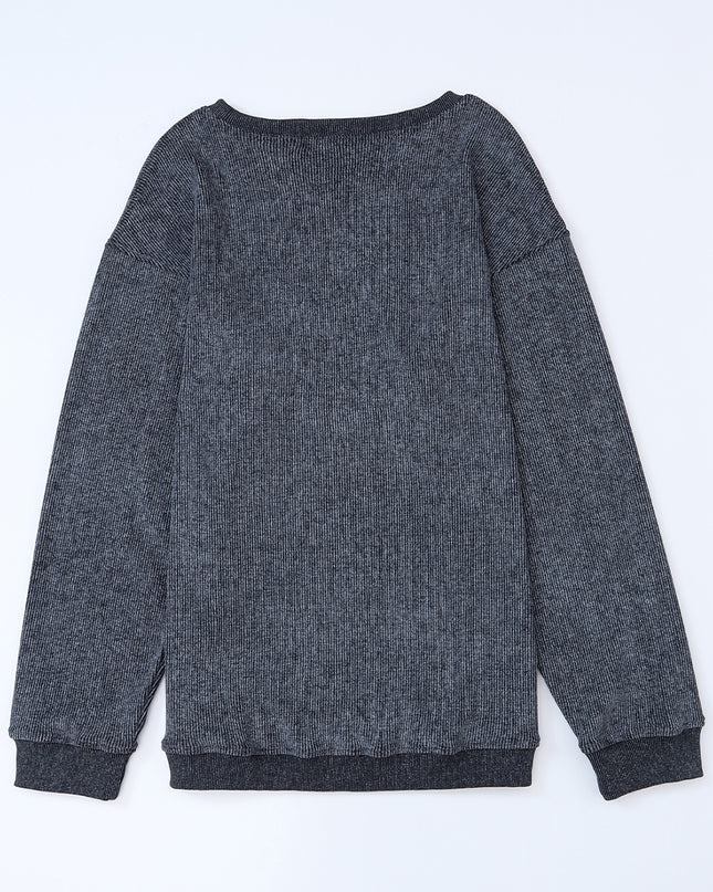 Green Ribbed Round Neck Drop Sleeve Pullover Sweatshirt