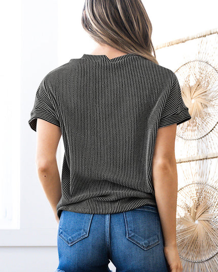 Dark Blue Corded Knit Color Block Pocketed Crew Neck T Shirt