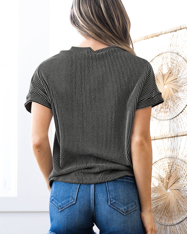 Dark Blue Corded Knit Color Block Pocketed Crew Neck T Shirt