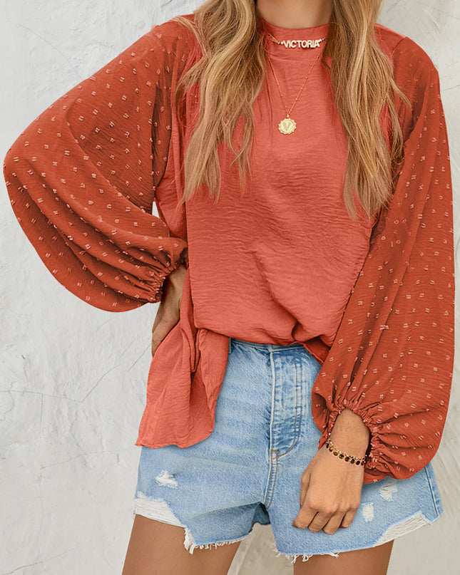 Russet Orange Swiss Dot Balloon Sleeve Patchwork Crinkle Blouse