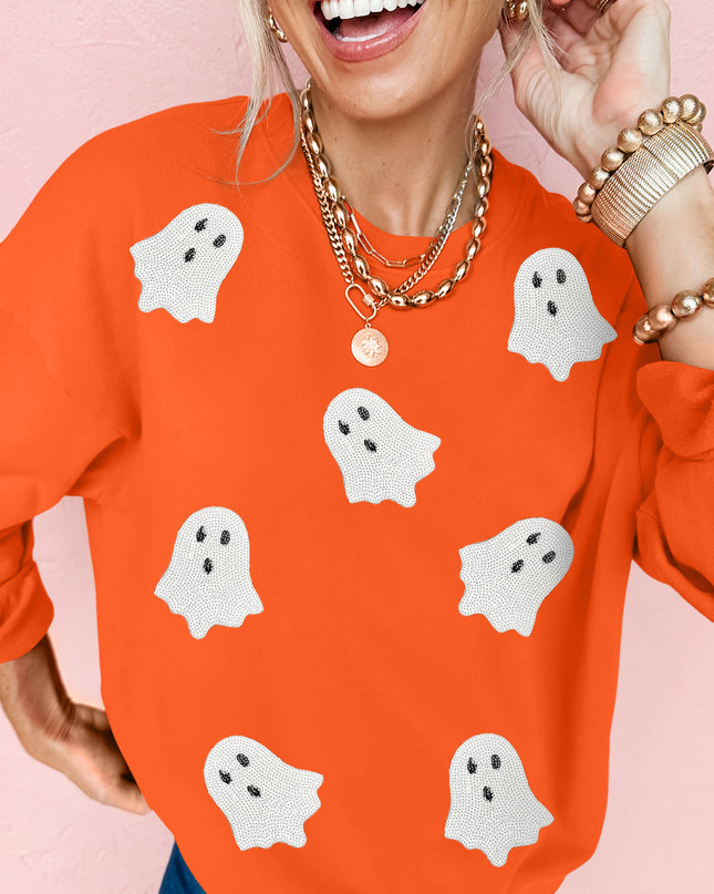 Black Sequin Halloween Ghost Patched Drop Shoulder Sweatshirt