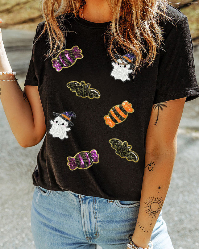Black Sequined Halloween Spirit Pattern Patched Custom Casual Tee