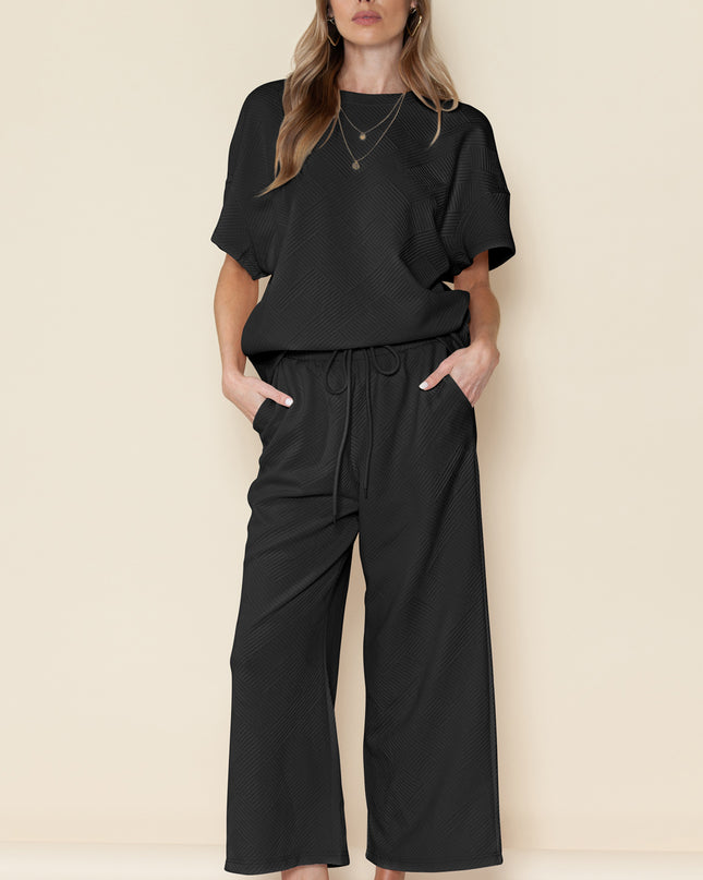 Black Textured Loose Fit T Shirt and Drawstring Pants Set