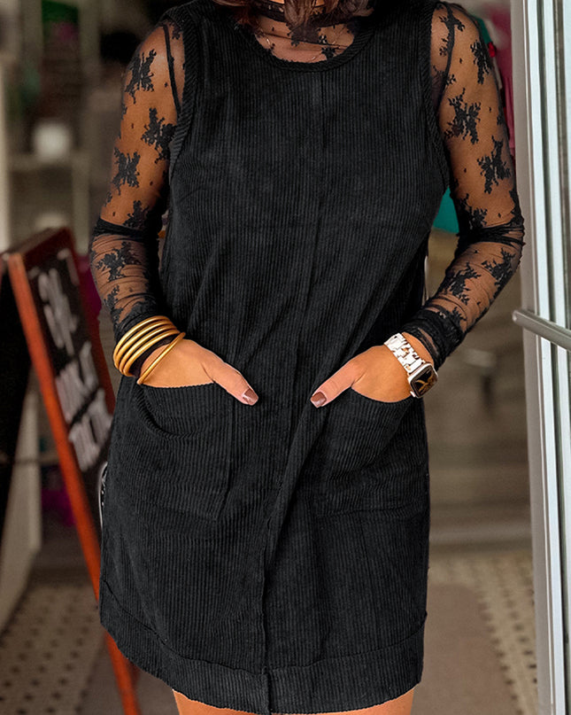 Black Corduroy Exposed Seam Sleeveless Mini Dress