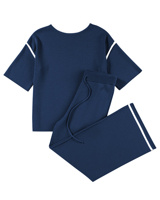 Navy Blue Loose Contrast Trim Half Sleeve Top and Drawstring Pants Set