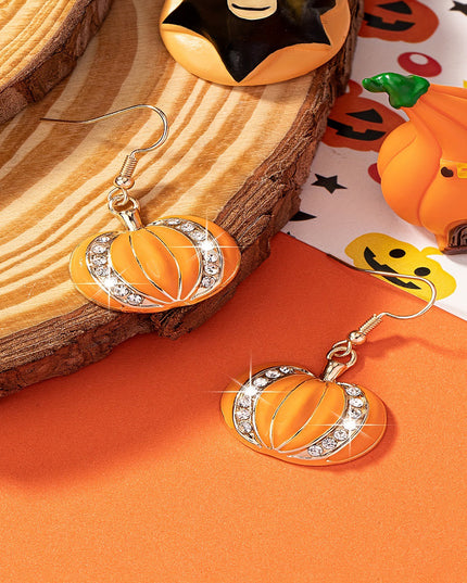 Orange Halloween Rhinestone Pumpkin Hook Earrings