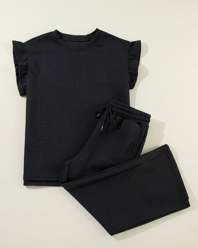 Black Textured Ruffle Summer Top and Drawstring Pants Set
