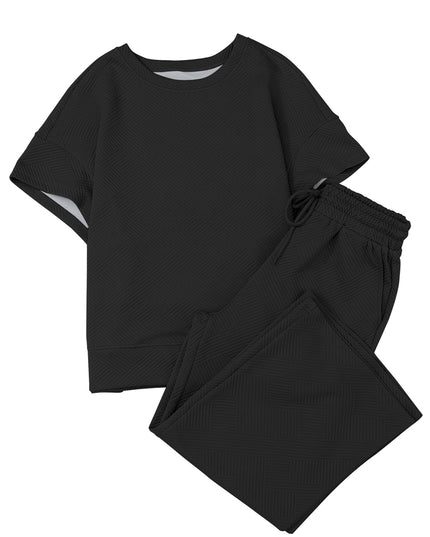 Black Textured Loose Fit T Shirt and Drawstring Pants Set