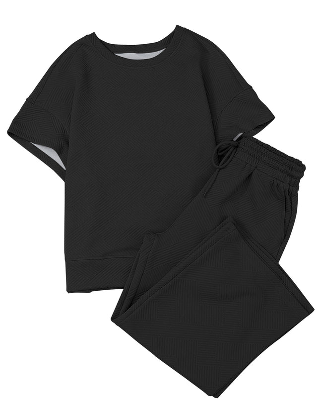 Black Textured Loose Fit T Shirt and Drawstring Pants Set