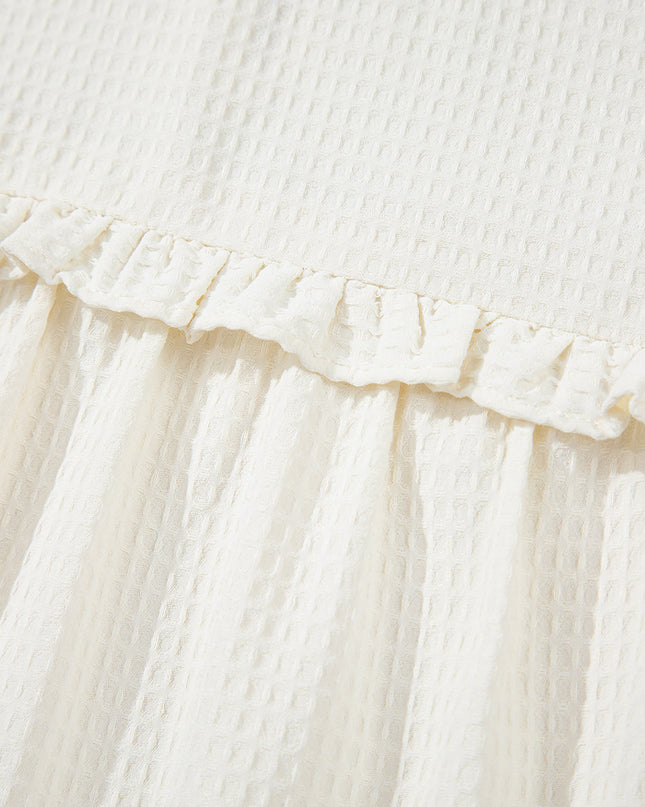 White Solid Color Ruffle Trim Waffle Textured Blouse
