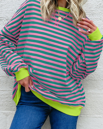 Blue Striped Contrast Trim Drop Shoulder Sweatshirt
