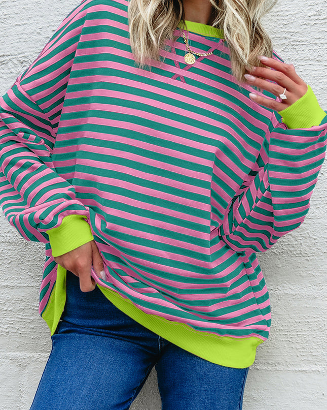 Blue Striped Contrast Trim Drop Shoulder Sweatshirt