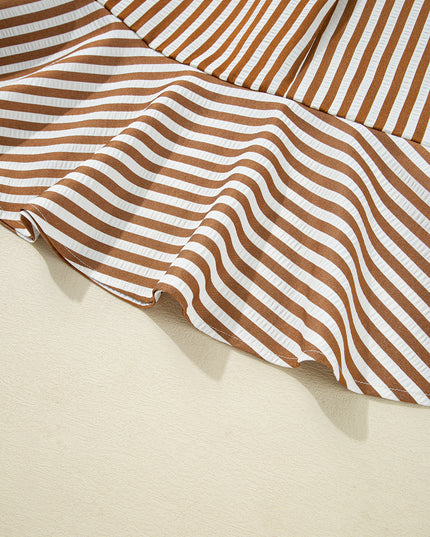 Brown Stripe Ruffle Hem Collared Long Sleeve Shirt Mini Dress