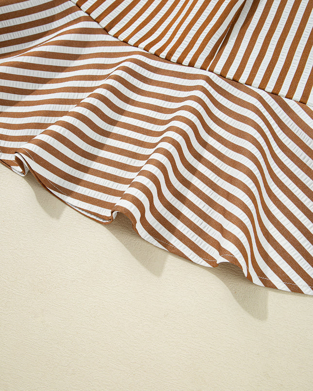 Brown Stripe Ruffle Hem Collared Long Sleeve Shirt Mini Dress