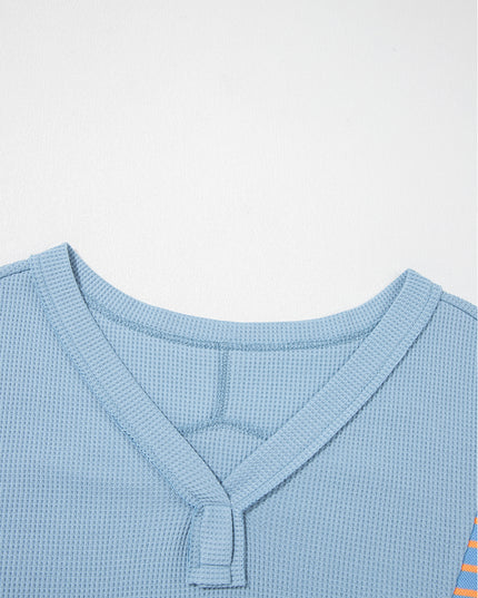 Meadow Mist Green Exposed Seam Waffle Striped Patchwork Baggy Pullover