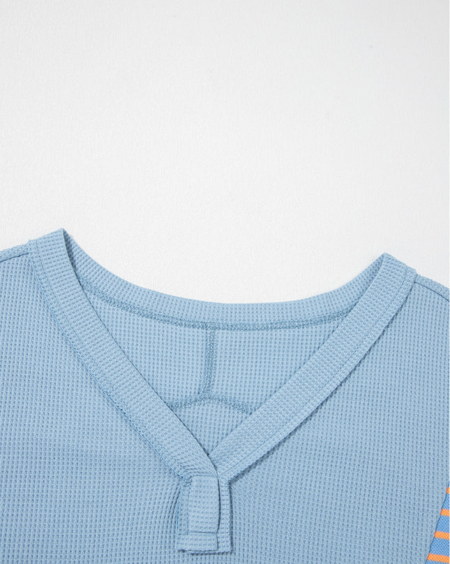Meadow Mist Green Exposed Seam Waffle Striped Patchwork Baggy Pullover