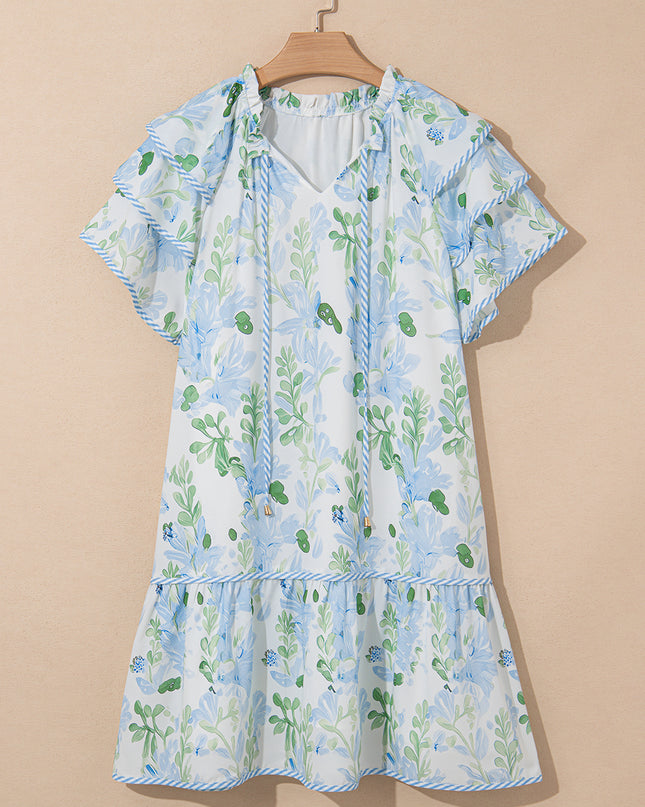 Orange Floral Contrast Edge Ruffle Sleeve Tie Neck Mini Dress