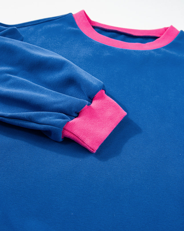 Blue Contrast Trim Bubble Sleeve Sweatshirt