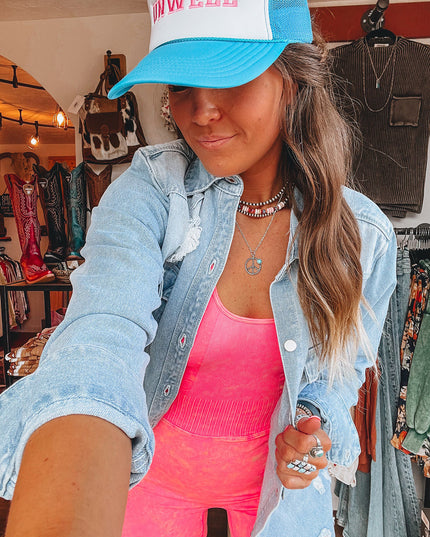 Beau Blue Light Wash Distressed Frayed Long Denim Jacket