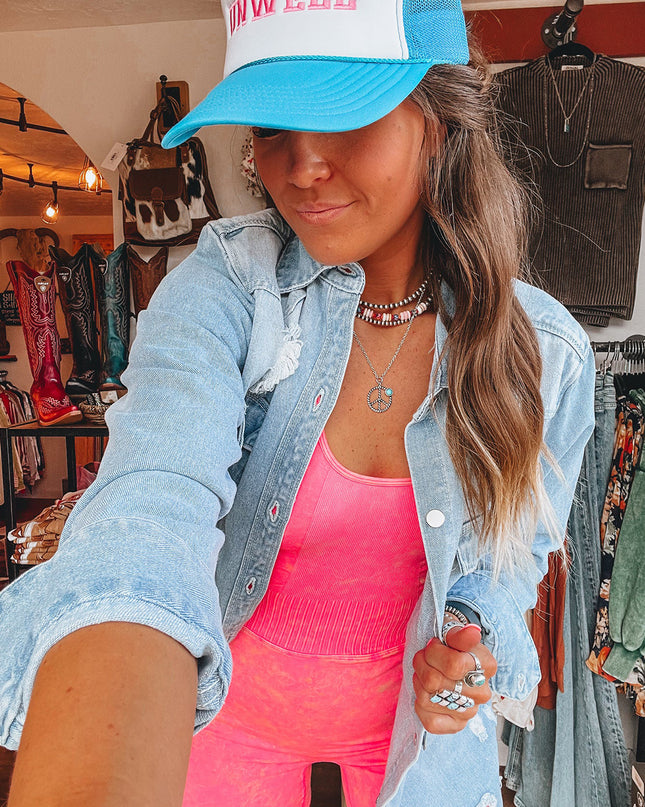 Beau Blue Light Wash Distressed Frayed Long Denim Jacket
