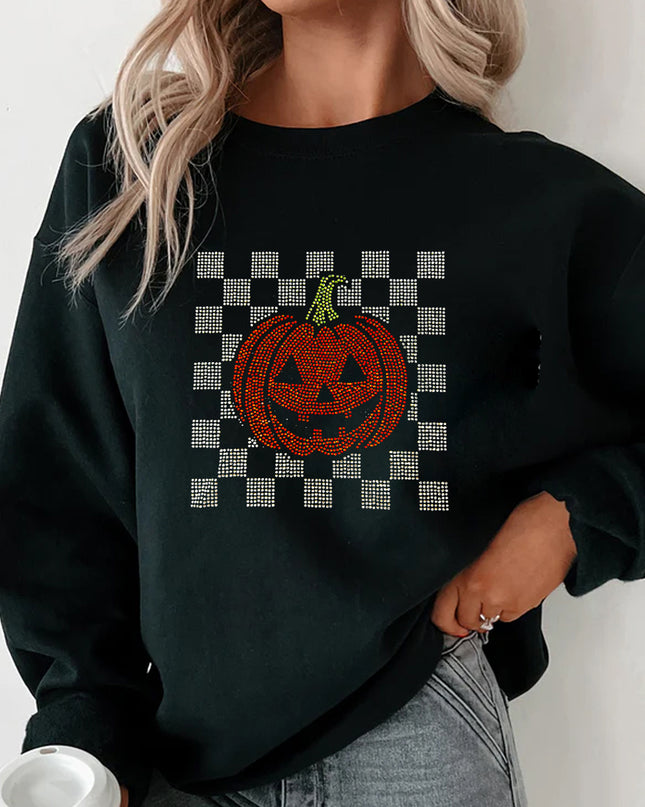 Black Rhinestone Jack-o-lantern Checkered Graphic Halloween Sweatshirt