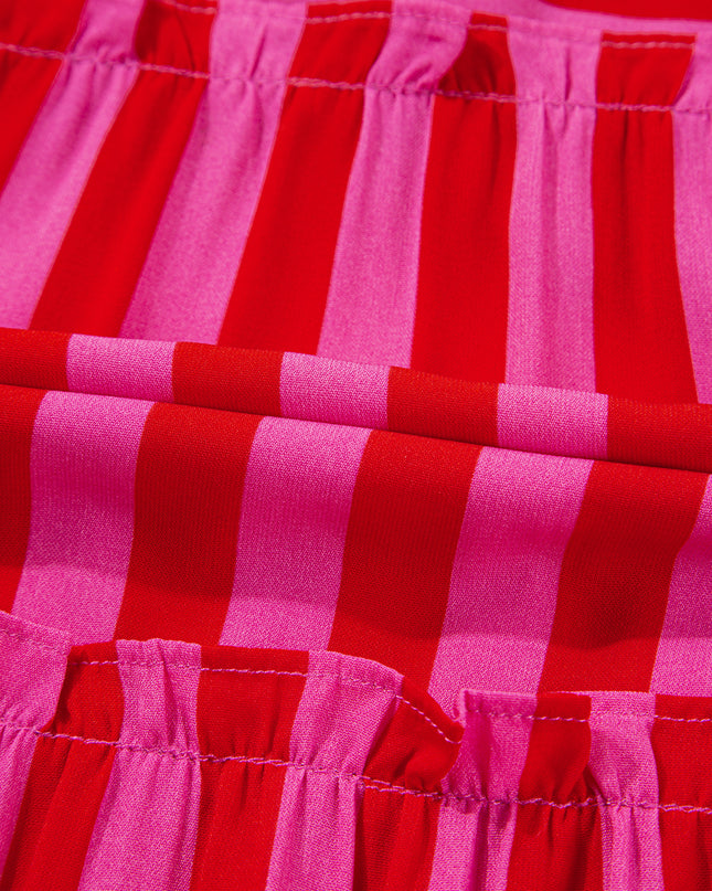 Rose Stripe Ruffle Strap Shirred Bodice Tiered Maxi Dress